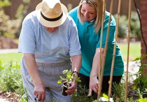 Carer with resident gardening